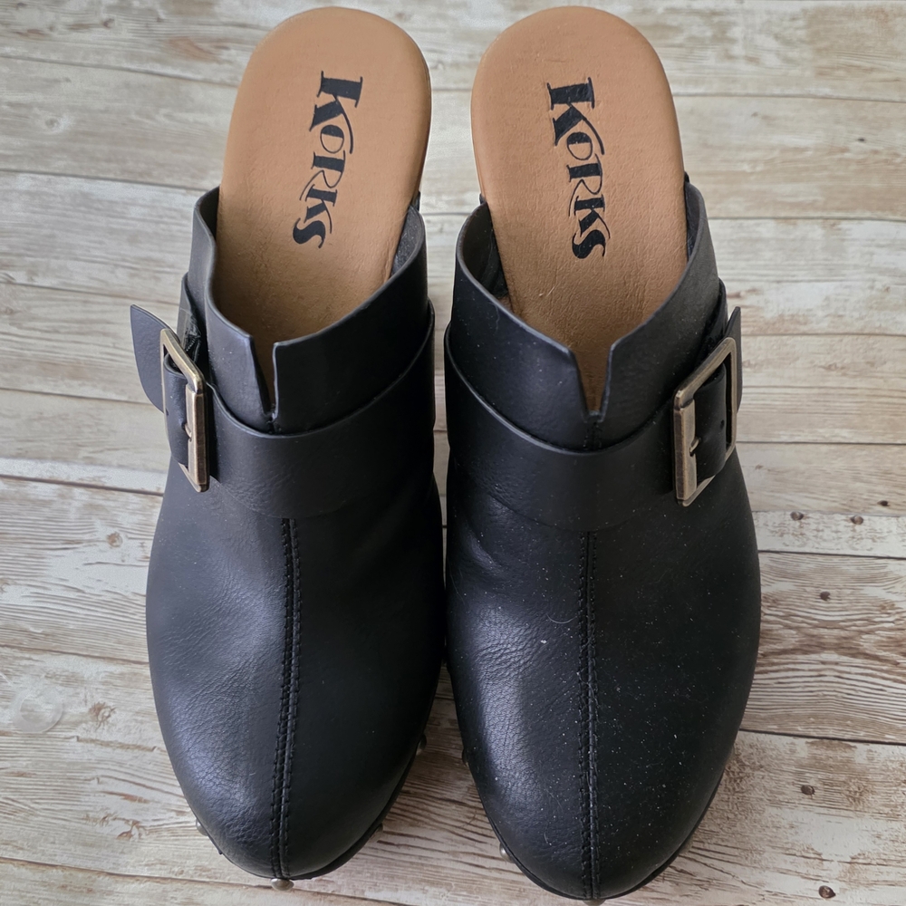 Kork-Ease Black Leather Buckle Mules